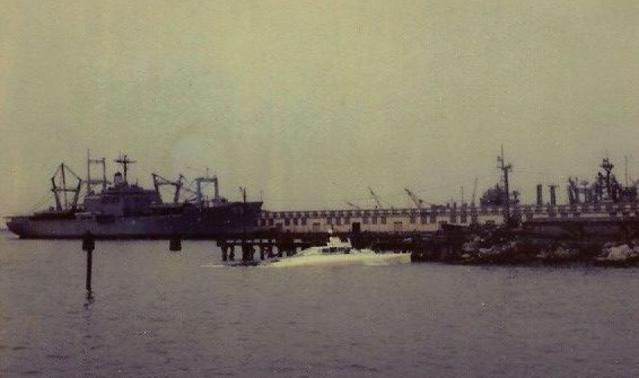 End of the SES 100-A Test Craft .Test Craft. Sunk at the pier in In Norfolk Navy Base. Sunk along side the seawall,